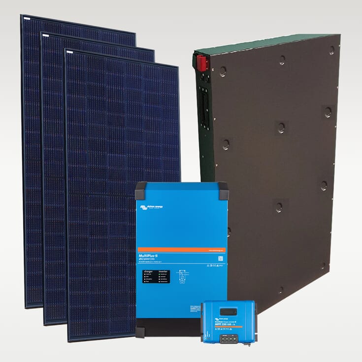 Solcelleløsninger med store batterier for hytter og eneboliger.